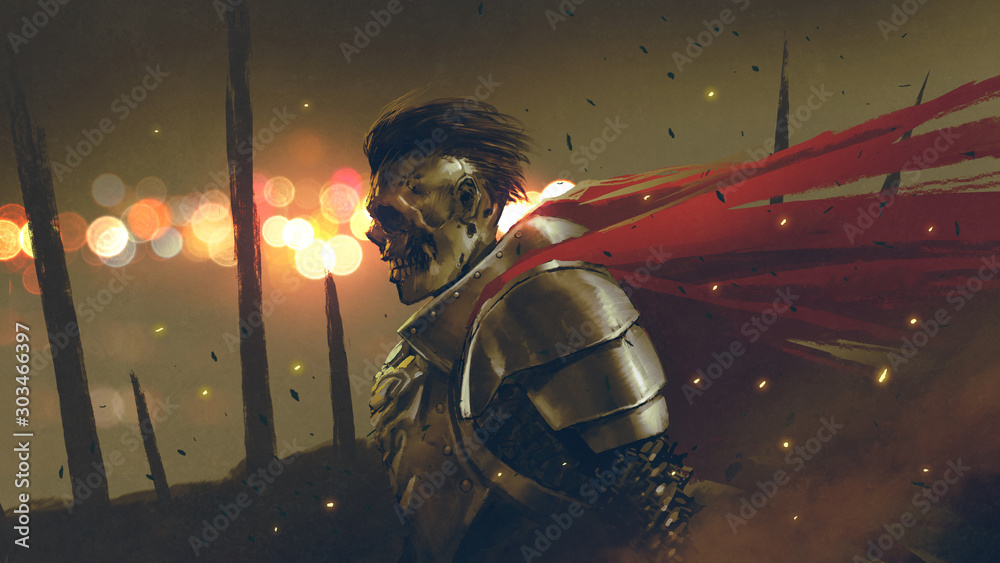 the undead knight in medieval armors prepares for battle against a background dawn, digital art style, illustration painting - obrazy, fototapety, plakaty 