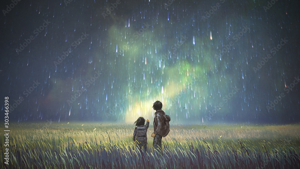 brother and sister in a meadow looking at meteors in the sky, digital art style, illustration painting - obrazy, fototapety, plakaty 