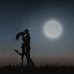 Wall Mural - Young Lovers under Moonlight, Kissing