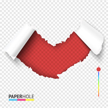 Bright Red Torn Off Cardboard Heart Shape Hole On Transparent Background For Loving Poster. Colorful Rip Edge Paper Hole Banner For Kiss, Love Ect. Concepts.
