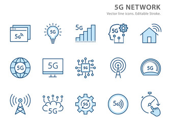 Poster - 5g network flat line icon set. vector illustration. editable stroke.