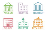 Fototapeta Miasto - Set of municipal buildings with captions. Vector illustration.