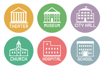 Sticker - Set of building icons with inscriptions. Vector.