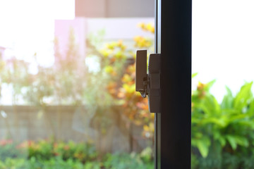 Wall Mural - security lock on glass window with green garden outside view of home