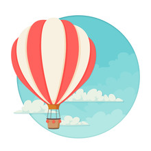Red And White Striped Hot Air Balloon With Clouds And A Blue Sky The The Background. Icon, Poster, Greeting Card Design Template.