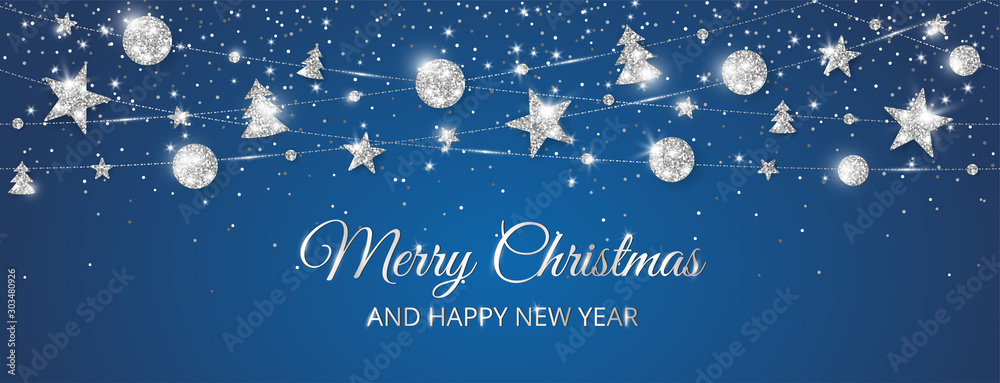 Merry Christmas banner with sparkling silver decoration on black background - obrazy, fototapety, plakaty 