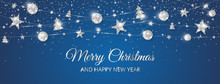 Merry Christmas Banner With Sparkling Silver Decoration On Black Background