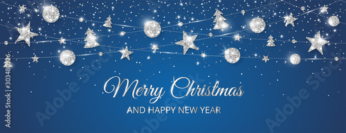 Cuadros en Lienzo Merry Christmas banner with sparkling silver decoration on black background