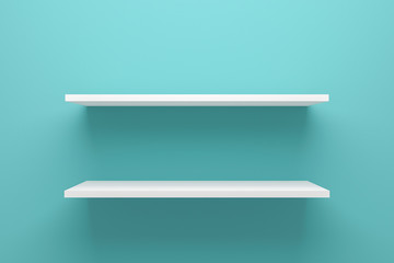 Front view of empty shelf on light green wall background with modern minimal concept. Display of room shelves for showing. Realistic 3D render.