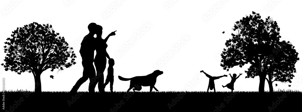 People enjoying the outdoors park silhouettes with mother and father and small child walking a dog and kids playing in the background - obrazy, fototapety, plakaty 