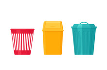 Garbage Can. Trash Bin. Vector. Plastic, Metal Dustbin Icon. Flat Design. Rubbish Pail Isolated On White Background. Cartoon Illustration.