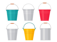 Metal Bucket. Vector. Pail Icon. Flat Design. Steel Garden Tin, Isolated On White Background. Cartoon Colorful Illustration. Set Of Empty Aluminum Cans.