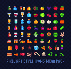 Wall Mural - Food pixel art icons mega big set, glasses, bottles, fruits, vegetables, sweets, tea, drinks, sweets, juice. Design for stickers, logo, web and mobile app. Isolated vector illustration. 8-bit sprite.