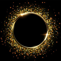 Poster - golden sparkling ring with golden glitter isolated on black background. vector golden frame.