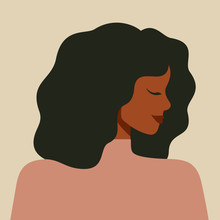 Portrait Of An African American Woman In Profile. Avatar Of Young Black Girl With Curly Dark Hair. Vector Illustration