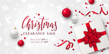 Fototapeta Na sufit - Horizontal background for Christmas sale banner with text, toys, realistic white gift box, 3D bow, red ribbons, confetti and pattern. Vector festive template for flyer with discount or special offers.