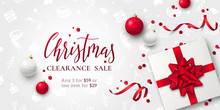 Horizontal Background For Christmas Sale Banner With Text, Toys, Realistic White Gift Box, 3D Bow, Red Ribbons, Confetti And Pattern. Vector Festive Template For Flyer With Discount Or Special Offers.