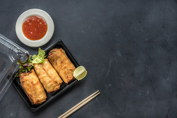 Wall Mural - Fried chinese spring rolls with sweet chili sauce