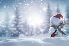 Merry Christmas And Happy New Year Greeting Card With Copy-space.Happy Snowman Standing In Christmas Landscape.Snow Background.Winter Fairytale.