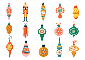 Christmas set of various tree decorations. Nutcracker and ball toy. Winter Holidays collection for postcard, banner, invitation, wrapping paper etc. Vector illustration.