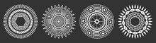 Set Of Four Abstract Circular Ornaments. Decorative Patterns Isolated On Black Background. Tribal Ethnic Motifs. Stylized Sun Symbols. Stencil Tattoo And Prints Vector Monochrome Illustration.