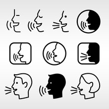 Speak Head Technology Signs. Talk Icons, Speaking Or Talking Man Faces, Vector Speech Informing Symbols, Voice Dictator Pictograms, Speaker Loud Control Buttons