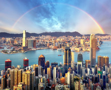 Rainbow Over Hong Kong City Skyline