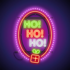 Christmas Ho! Ho! Ho! Glowing violet neon sign. Greeting card. Vector poster illustration for your holiday projects in retro-futuristic style.