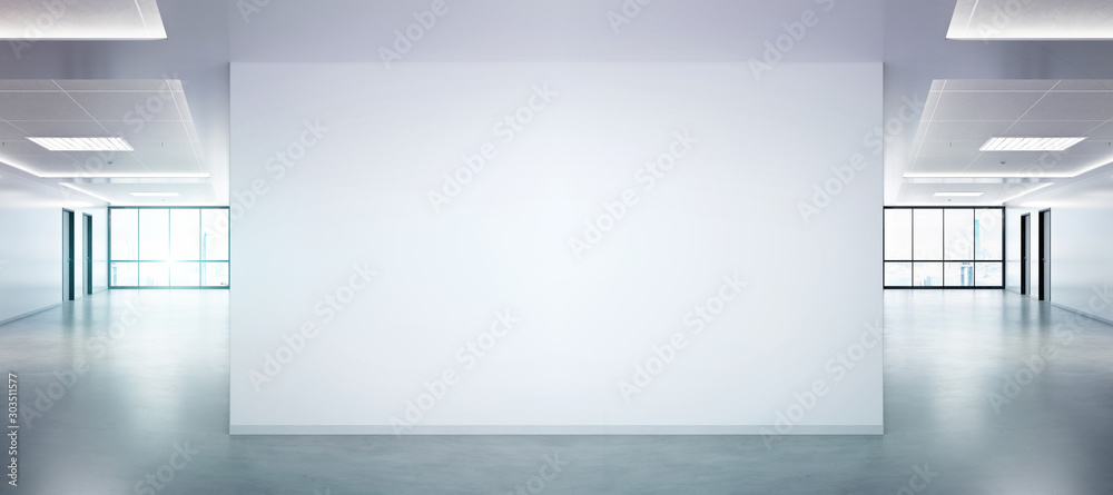 Blank wall in bright office mockup with large windows and sun passing through 3D rendering - obrazy, fototapety, plakaty 