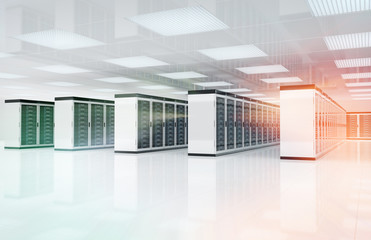 Fototapete - Servers data center room with bright speed light through the corridor 3D rendering