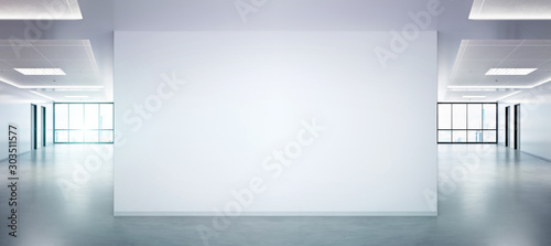 Fotografía Blank wall in bright office mockup with large windows and sun passing through 3D