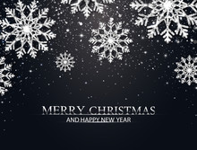 Christmas Background With Silver Glitter Snowflakes, Falling Particles, Stars. Merry Christmas And Happy New Year Banner. Luxury Festive Greeting Card. Sparkling Silver Snowflake. Vector Illustration