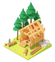 Vector Isometric Carpenter Or Lumberjack Cutting Tree With Chainsaw For Log Cabin Or Home Building. Wooden House Construction Process, Working On Walls And Roof. Swedish Cope Log Profile