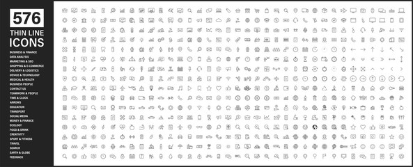 Big collection of 576 thin line icon. Web icons. Business, finance, seo, shopping, logistics, medical, health, people, teamwork, contact us, arrows, technology, social media, education, creativity.