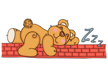 Teddy Bear Sleeping On Red Brick Wall