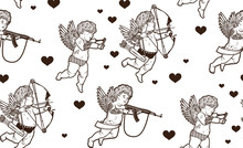 Seamless Pattern For Happy Valentine's Day With Cupids. Hand Drawn Illustration.