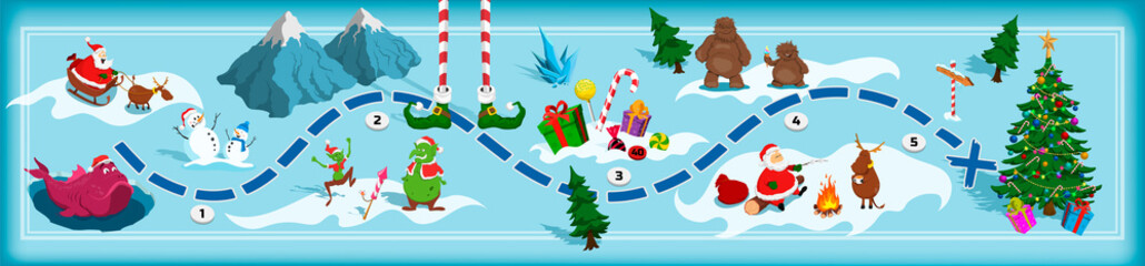 Poster - Christmas map with maze. Adventure board game for kids. Boardgame in cartoon style. Santa, deer, bigfoot and elf in isometric view. Fantasy way. Holiday panorama