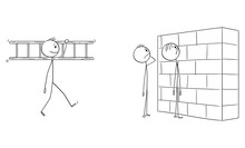 Vector Cartoon Stick Figure Drawing Conceptual Illustration Of Two Helpless Or Confused Men Or Businessmen Watching Wall, Obstacle In Their Way. Creative Man Is Carrying Ladder.