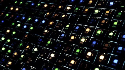 Poster - An innovative technology of 3d square CPU processor placed against black background, close up. Animation. Many neon signals move around.