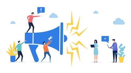 Aufkleber - Promotion concept. Target marketing, social network advertising vector illustration. Flat tiny people with laptops and megaphone. Illustration business marketing loudspeaker, promotion advertising