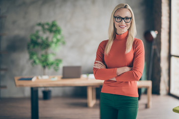 Wall Mural - Portrait of smart cool woman big enterprise owner cross her hands ready to work with investors partners in modern office red turtleneck