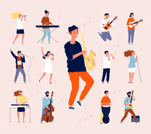 Music Persons. Rock Classical Musical Performing Musicians Singing And Playing Orchestra Instruments Guitar Drum Violin Vector Flat. Illustration Music Concert, Musician With Guitar Instrument