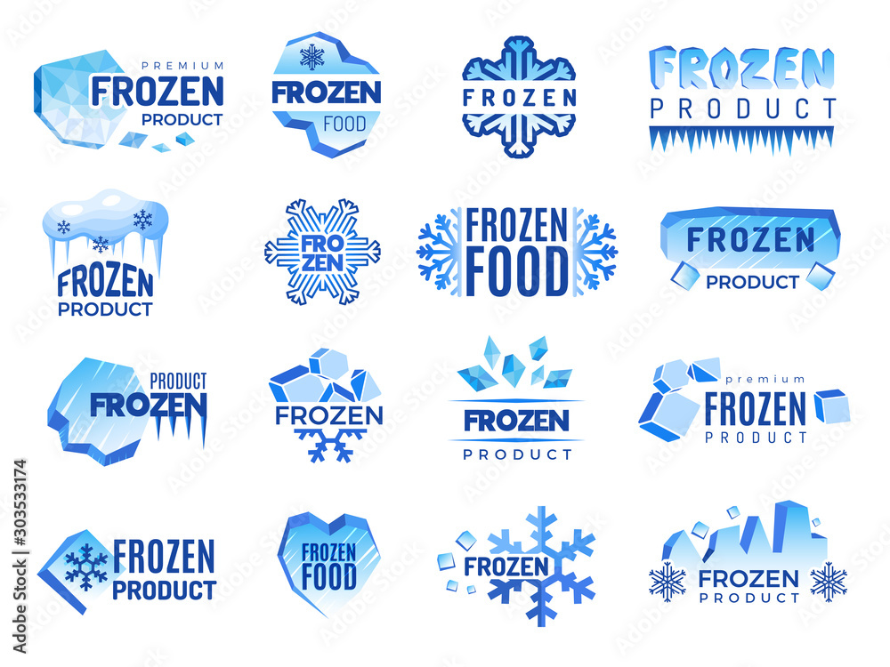Ice product logo. Frozen food business identity blue vector cold graphic elements. Snowflake product, frozen temperature badge for refrigerator illustration - obrazy, fototapety, plakaty 