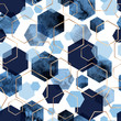 Seamless abstract geometric pattern with gold foil outline and deep blue watercolor hexagons