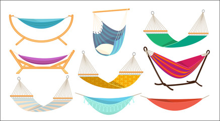 Hammock. Relax time in outdoor decorative colorful fabric hammock hanging swing comfortable rest place vector. Illustration hammock swing, relax comfortable swinging bed