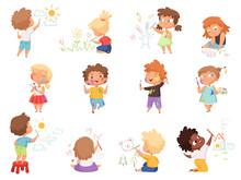 Kids Painters. Paint Splashes On Kids Clothes Childrens With Pallette And Colored Brushes Hand Holding Vector Characters. Illustration Child Drawing Cartoon Image, Happy Children With Colored Pencils
