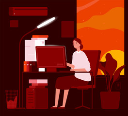 Poster - Woman night office. Business female characters late at work hard work in piles of paper documents vector concept. Illustration woman exhausted, programmer businesswoman overtime