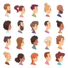 Wall Mural - Faces profile. Avatars people expression simple heads male and female vector persons cartoon illustrations. Profile male and female, people face user happy