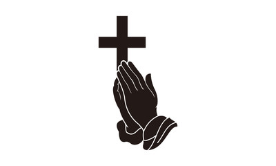 praying hand holding cross. religion, church vector logo