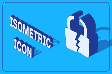 Poster - isometric broken or cracked lock icon isolated on blue background. unlock sign. vector illustration